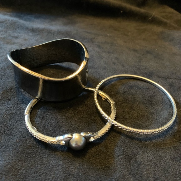 1” silver cuff bracelet, 1 silver bangle, 1 silver stretch bangle w/ rhinestones - Picture 4 of 6